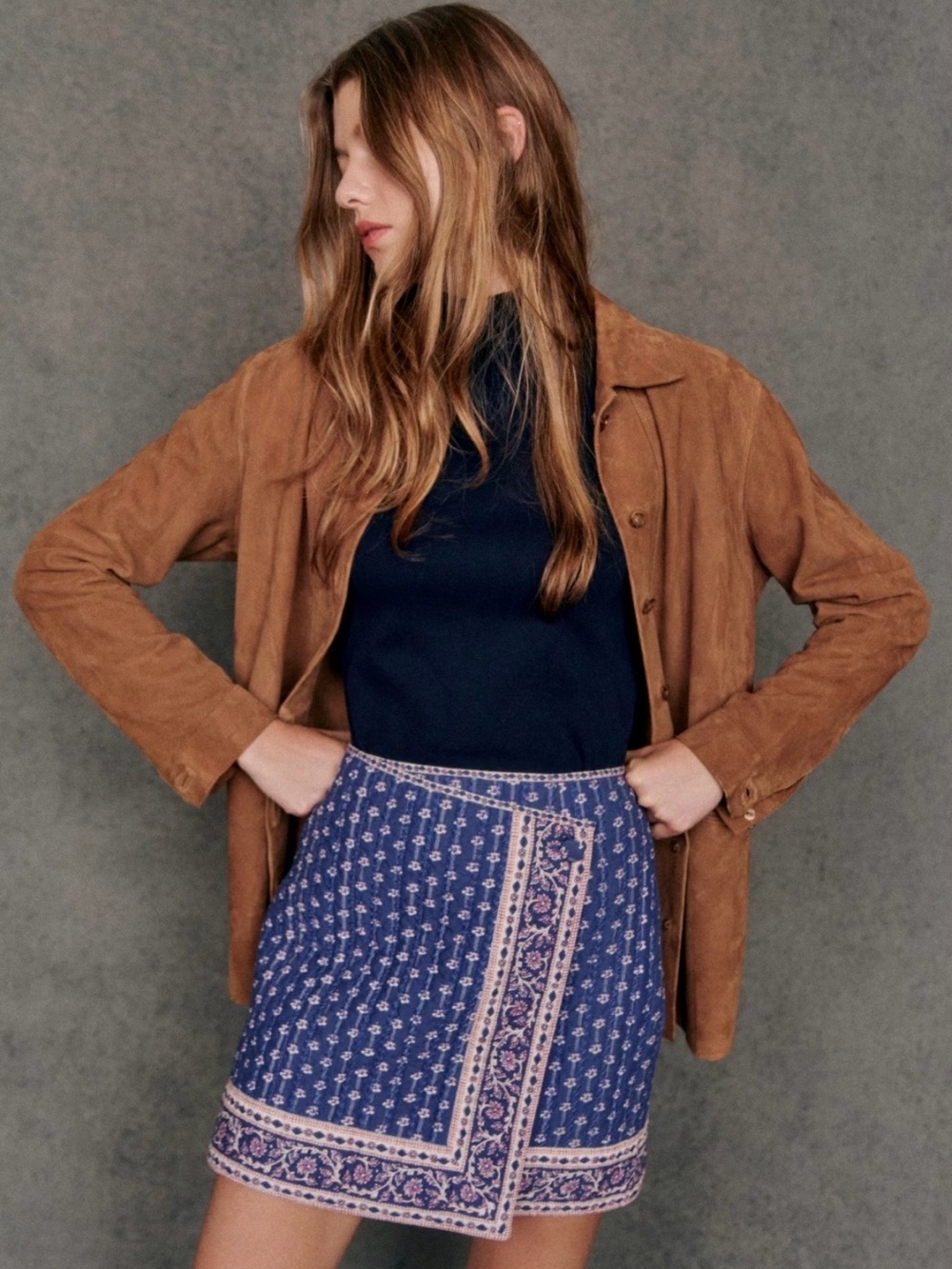 Sezane Blue Floral Border Mini Skirt